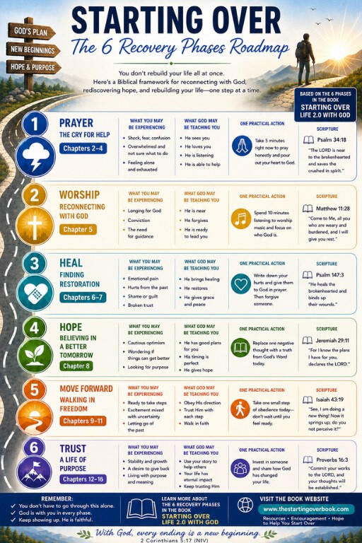 Recovery Roadmap This is an overview of the 6 phases for recovery from the 'Starting Over: Life 2.0 With God' book.